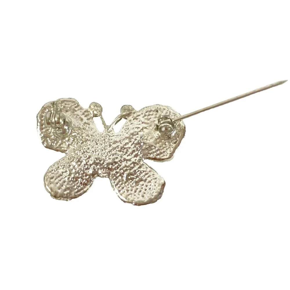 Butterfly Brooch Vintage 1980s Baby Blue Gems Cream Silver Tone Flaws